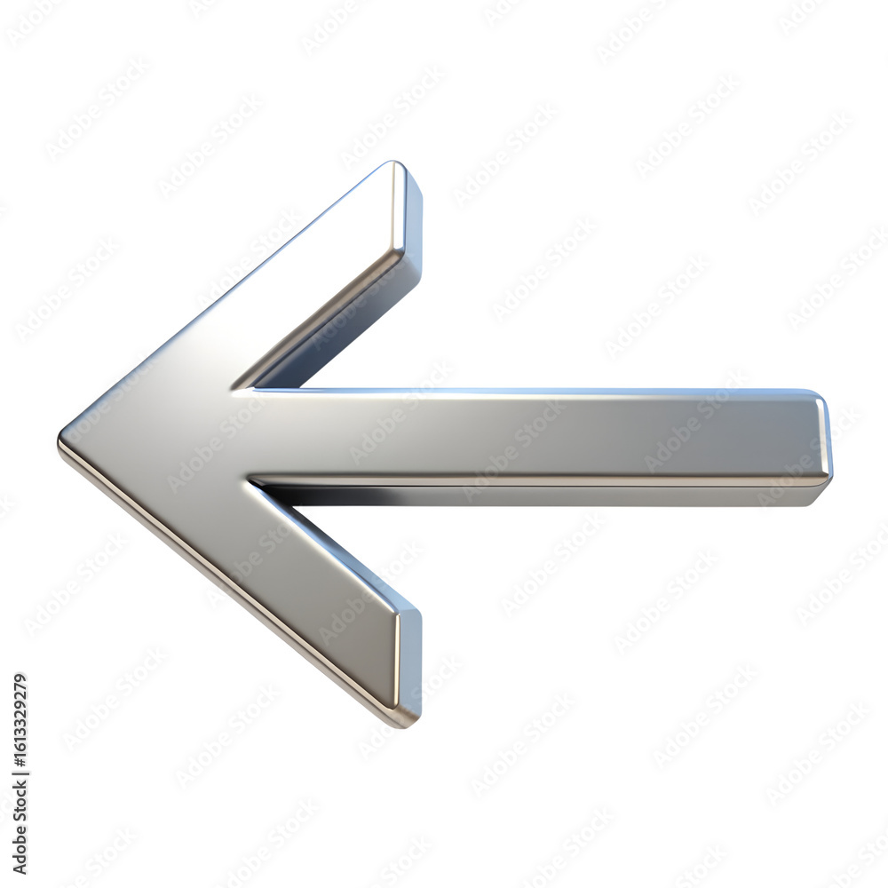 Aufkleber a glossy chrome arrow pointing to the left, isolated on a transparent background