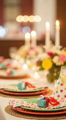 Fototapeta premium Festive birthday party table setting with a small gift, party hat, and candles creating a warm, celebratory atmosphere
