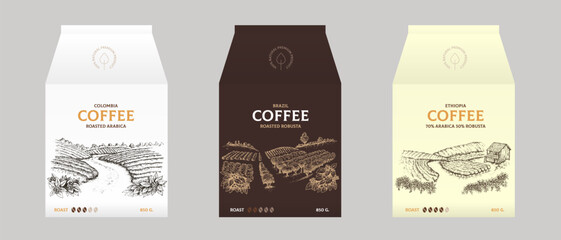 Set vector design templates for design coffee package. Collection mockup for branding drink product with hand draw illustration.