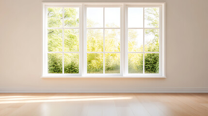 Bright Window View: An interior shot showcasing a large white-framed window with a view of lush greenery, filling the room with natural light and warmth.