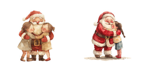 santa claus hugging kids watercolor vector illustration