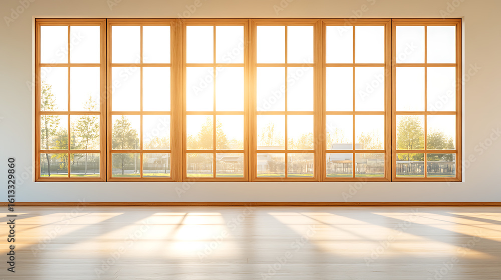 Poster sunlight streams through a large multi-pane window, illuminating a modern, empty room with clean lin