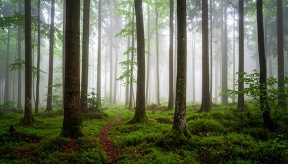 Mystical Woodland: A serene journey through a foggy forest bathed in verdant tones