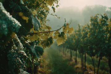 Fog rolling over a vineyard in early morning, dewdrops on grape leaves, soft light and rich green tones