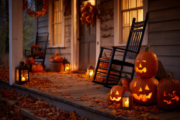 Obraz premium Front porch decorated for Halloween with a stack of variously sized carved pumpkins, scattered autumn leaves