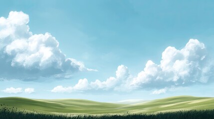 Obraz premium Serene Rolling Green Hills Under a Vast, Cloud-Dotted Blue Sky
