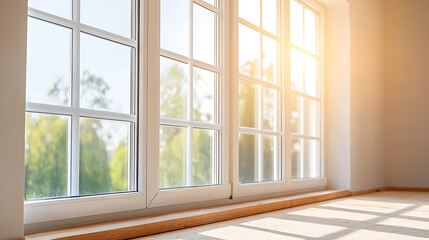 A window in a room provides a view of trees outside, with sunlight streaming through the panes and casting shadows on the floor. The window is white with a wooden sill.