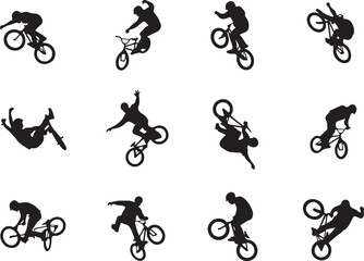 Black silhouettes of cyclists performing dynamic bicycle stunts freestyle action