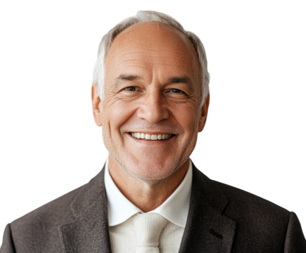 Professional smiling man in suit portrait positive emotions isolated on transparent background, png