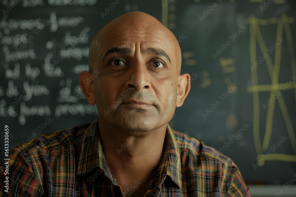 Poster portrait of a balding teacher posing in front of a blackboard with mathematical equations
