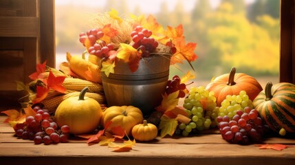 Autumn still life: A vibrant arrangement of fall flowers, pumpkins, and fruits in a basket, perfect for Thanksgiving table decoration