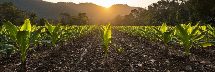 Golden sunrise shines over a banana plantation, young plants in neat rows glowing in morning light, evoking renewal, hope, and fertile harvests.