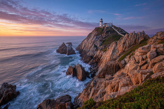 Lighthouse on a rugged coastal cliff during sunset, crashing waves and sea spray below