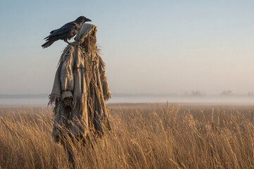Misty field with scarecrow dressed in tattered cloak and crow perched on one shoulder, early morning fog and golden grass