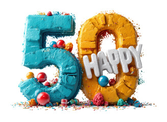 Celebratory 50th birthday bash colorful party atmosphere fun vibe isolated on transparent background, png