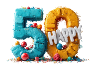 Celebratory 50th birthday bash colorful party atmosphere fun vibe isolated on transparent background, png