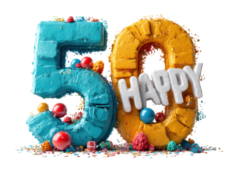 Celebratory 50th birthday bash colorful party atmosphere fun vibe isolated on transparent background, png