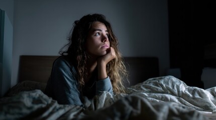 Fototapeta premium Young woman with long, wavy hair sits on bed, staring thoughtfully at ceiling in dimly lit room. She appears contemplative and lost in her thoughts, surrounded by crumpled bedding