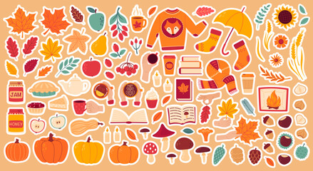 Autumn cozy design sticker set. Collection of fall leaves, foliage, berries, apples, pumpkin, mushrooms, knitted socks, sweater, scarf, books, home bakery, coffee and tea cup. Flat Vector illustration