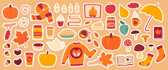 Autumn cozy sticker set. Collection of fall leaves, apple, pumpkin, mushrooms, knitted socks, sweater, scarf, book, home bakery, coffee and tea cup. Hand drawn flat vector illustration