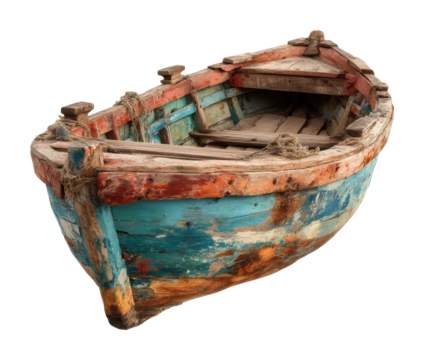 Vintage fishing boat coastal dock still life rustic side view isolated on transparent background, png