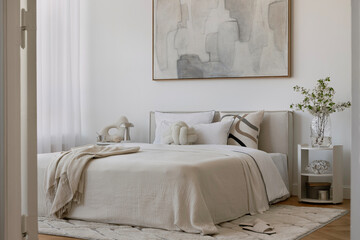 Minimalist bedroom with soft tones, abstract art on the wall and personal accessories. Calm, neutral design with sculptural accents.