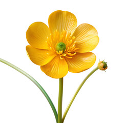 Bright yellow buttercup flower with green center and bud image
