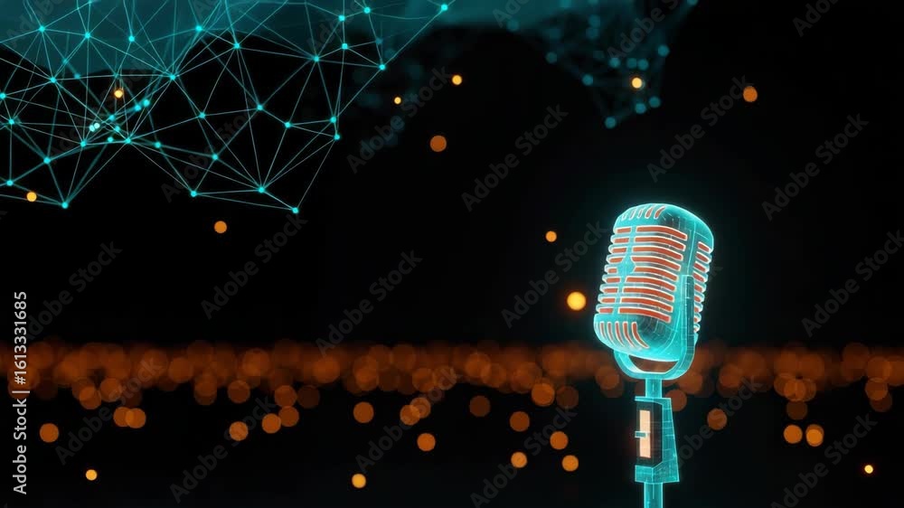 Poster a glowing vintage microphone stands prominently against a dark background filled with abstract geome