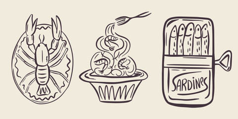 Whimsical hand drawn sea food illustrations in trendy whimsical style. Perfect doodle for quirky italian wedding holiday, poster, dinner and bar menu, bachelorette party, birthday invitation, sign