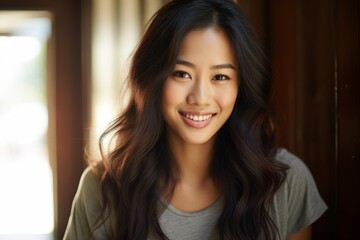 Fototapeta premium Portrait of a cheerful young asian woman with long brown wavy hair smiling indoors