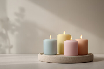 Set of minimalist pastel candles lit on a neutral stone tray, soft warm light and clean background