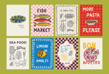 Whimsical hand drawn sea food poster and menu template in trendy whimsical style. Perfect doodle for quirky italian dinner  restaurant and cafe, kitchen wall art, poster,  party, birthday, sign