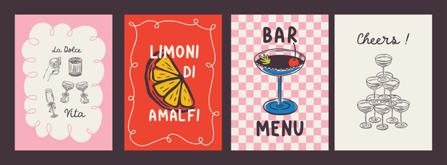 Whimsical hand drawn cocktails poster and menu template in trendy whimsical style. Perfect doodle for quirky italian dinner  restaurant and cafe, kitchen wall art, poster,  party, birthday, sign