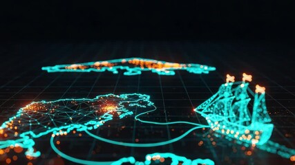 A futuristic digital representation of a maritime map featuring a glowing ship navigating through interconnected networks set against a dark background with abstract data visualization elements - Powered by Adobe