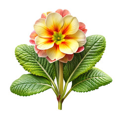 Yellow pink primrose flower with green leaves orange