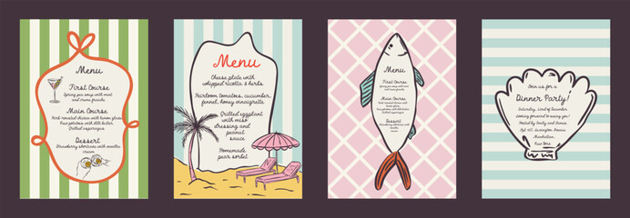 Set of summer exotic vacation whimsical hand-drawn frames with palm and sea, bow aesthetic in trendy, vintage styles. Perfect for quirky holiday, wedding, birthday gift decorations