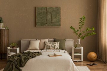 Minimalist bedroom with botanical pillows, open book and natural textures. Calm, cozy atmosphere in green and sand hues.
