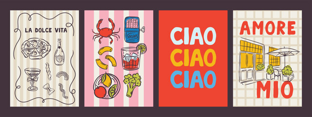 Whimsical hand drawn summer poster and postcard template in trendy hand drawn style. Perfect doodle for greece italian  restaurant and cafe, kitchen wall art, poster, party, birthday, sign