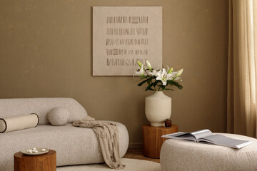 Modern stylization in beige-toned lounge interior with mock up abstract art, sculptural decor,...