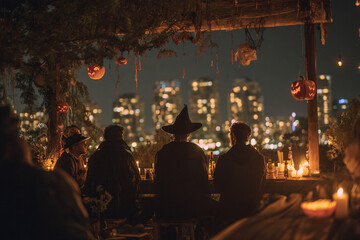 Spooky nighttime rooftop party with friends in costume enjoying drinks under hanging Halloween decorations, dim city skyline in the background