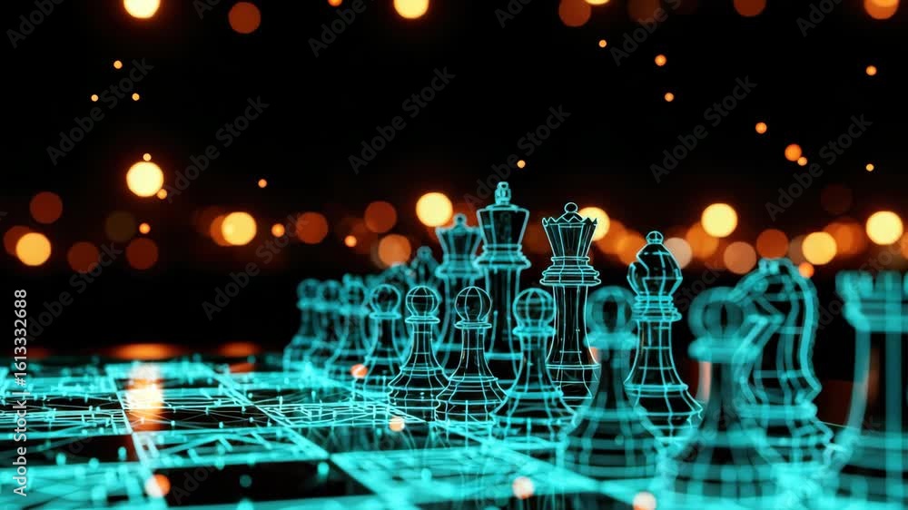 Poster a futuristic chessboard with glowing holographic chess pieces set against a blurred background of sh