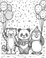 Cute tiger, panda and penguin coloring page celebrating winter holiday with balloons and snow, festive animal party illustration for kids