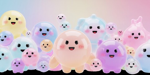 3D bubble characters with human features and glossy pastel finish on soft abstract background