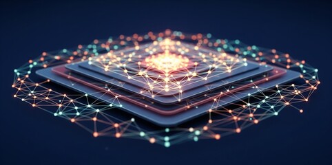 Abstract AI neural network with glowing nodes and lines on navy tech background