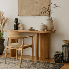 Elegant minimalist workspace with natural wooden desk and design chair, perfect for a calm and focused work environment. 	