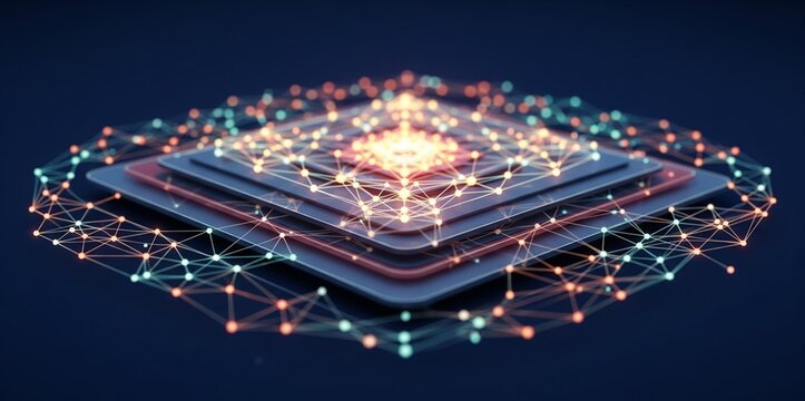 Abstract AI neural network with glowing nodes and lines on navy tech background