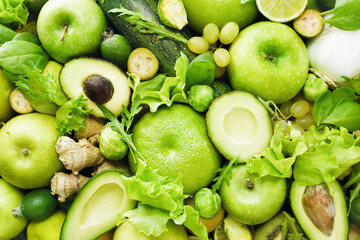 Fresh ripe bright green fruits and vegetables from market, summer farm harvest background, healthy diet vegetarian food