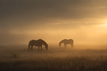 Fototapeta premium Two horses grazing in a misty field during sunrise, soft silhouettes and golden hues