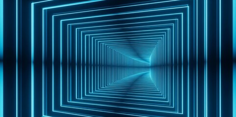 Digital tunnel perspective in neon blue with layered grid lines on dark abstract background