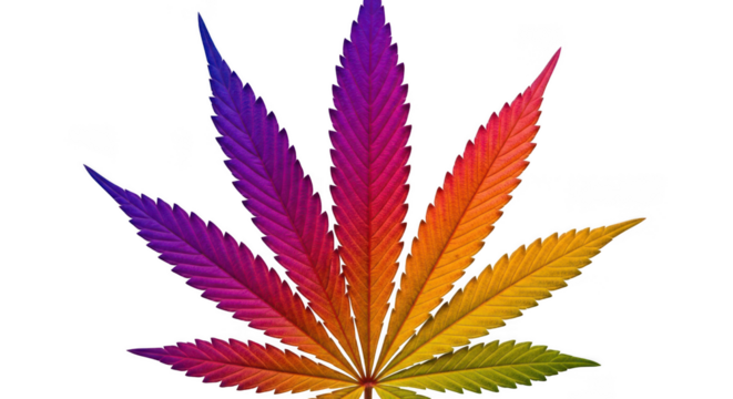 Vibrant cannabis leaf with a spectrum of rainbow colors transitioning from purple to green isolated on transparent background